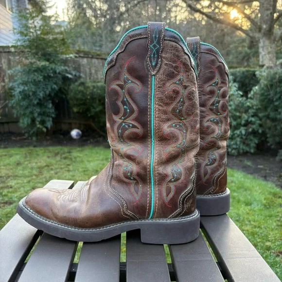 Justin Gypsy Raya Sqaure Toe Western Cowboy Boots Brown and Turquoise Women’s 9B - Picture 6 of 15